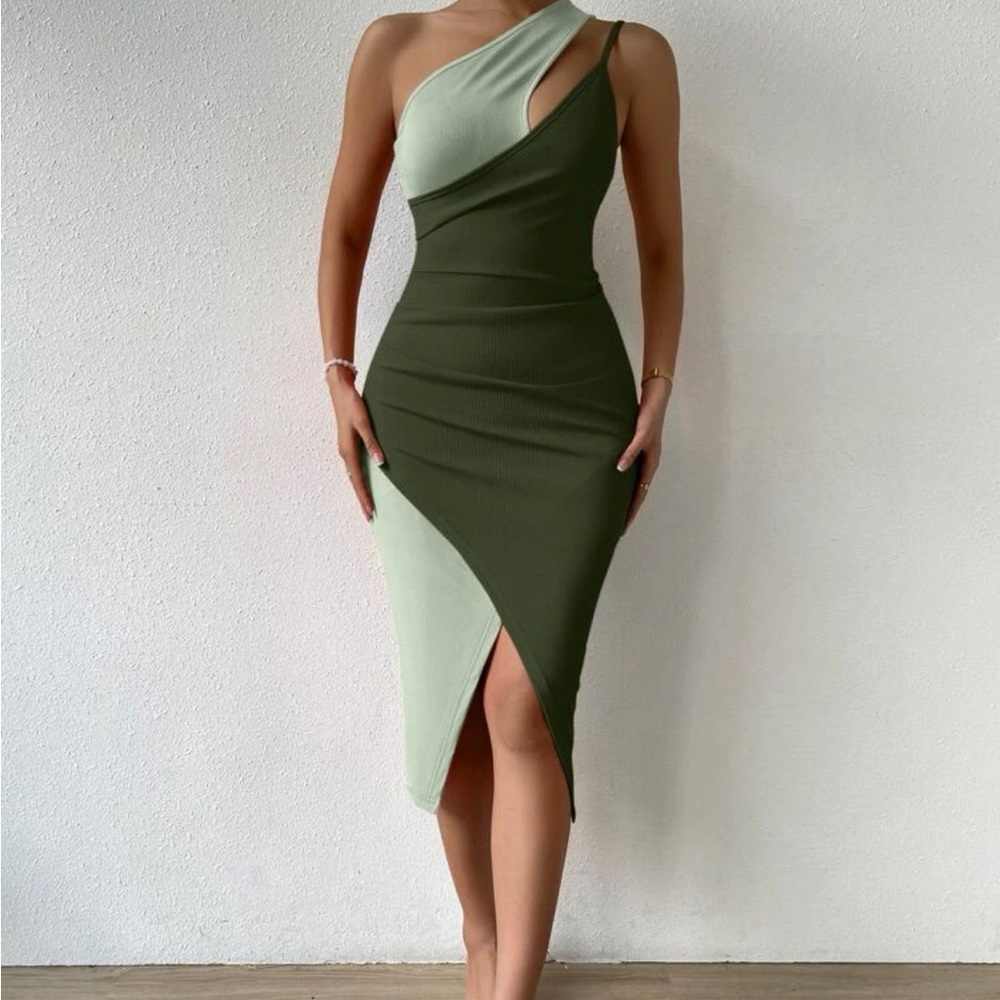 Two tone green one shoulder cut out asymmetrical dress